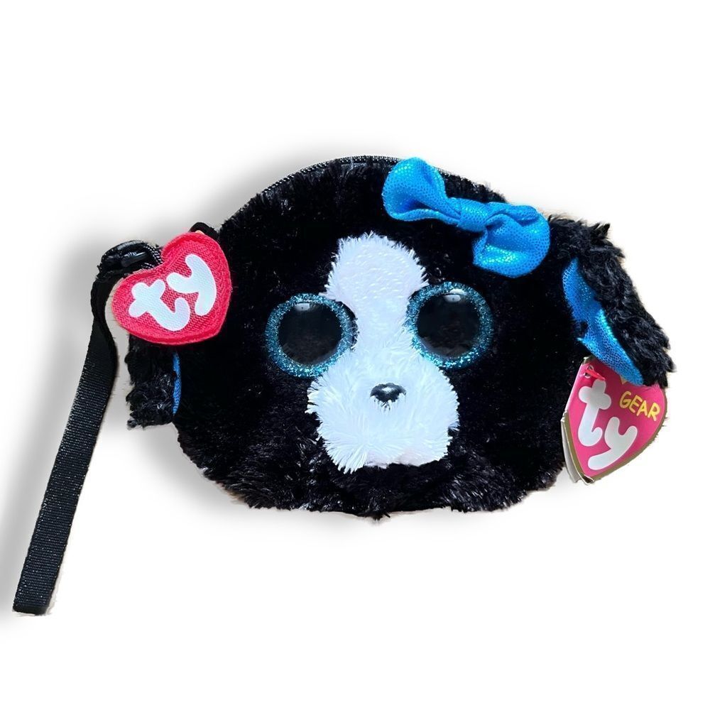 𝅺nwt TY Gear Beanie Boos Tracey Black and White Plush Puppy Blue Bow Wristlet